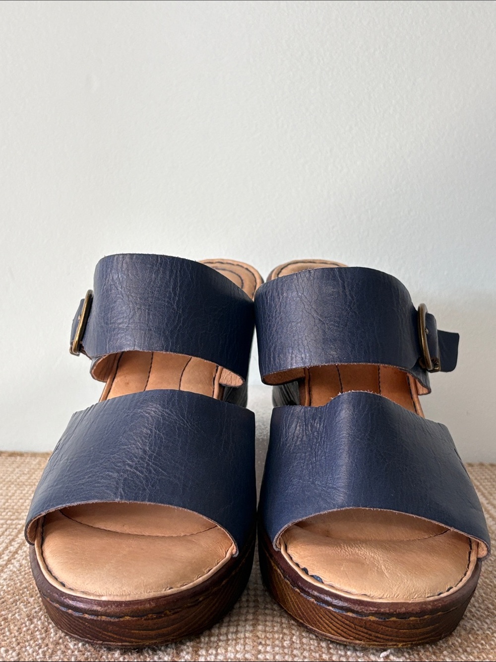 Born Navy Blue Leather Double-Strap Wedge Sandals; Adjustable buckles Size-8 - Picture 2 of 12